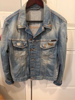 Nudie Jeans - light denim vintage motorcycle patch jacket - AMA pins added!